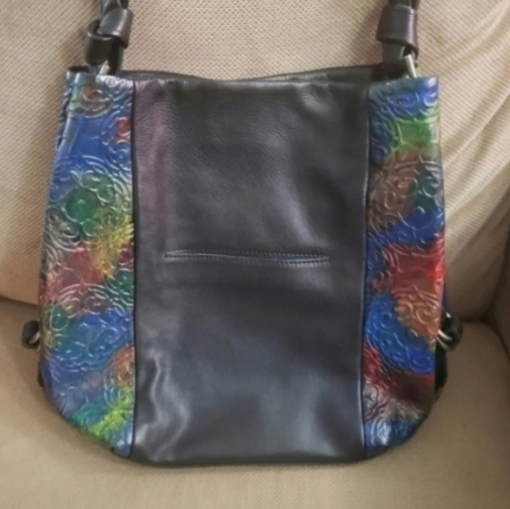 The Sak Ojai hand painted leather rainbow tote bag